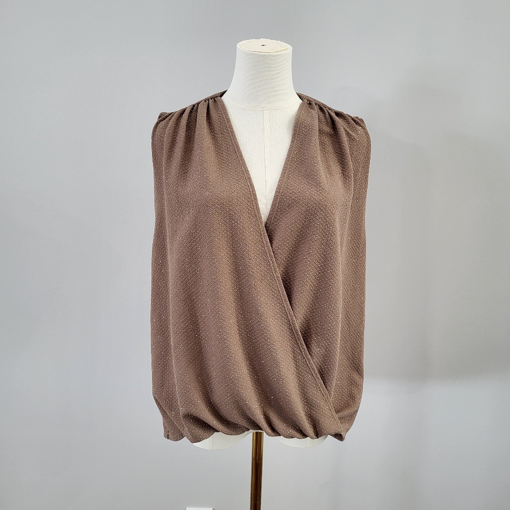 Alice + Olivia Metallic Gold Draped Crossover Blouse Surplice Top M